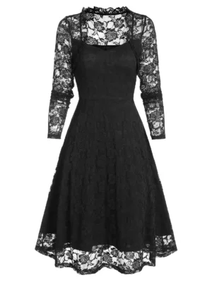 Floral Lace Ruffle Queen Anne Collar Dress